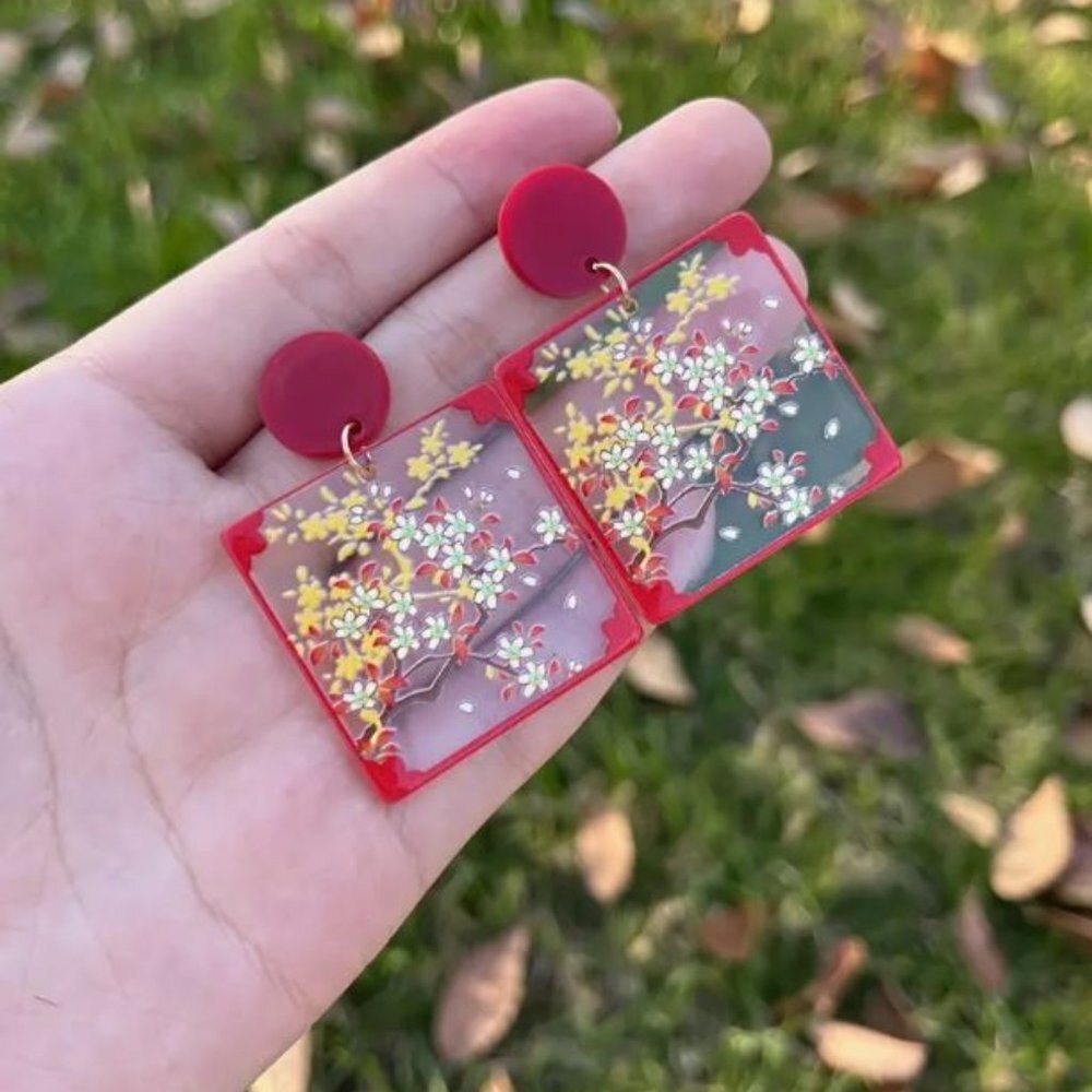 NEW Red Asian Tree Branch Acetate Door Knocker Statement Earrings